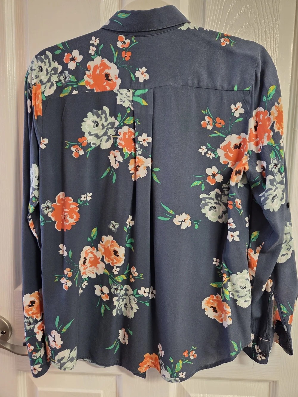 LOFT Navy Floral Button-Down Shirt with Orange and Cream Blooms - Picture 2 of 4